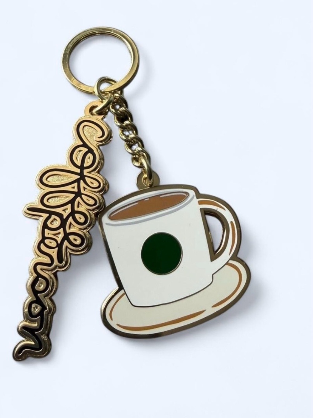 Starbucks Gold Script & White Coffee Cup Keychain with Green Logo